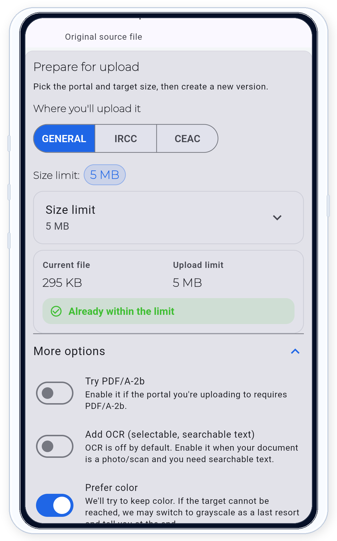 Captura móvil de PDF Ready con GENERAL activo, Límite de tamaño primero y la sección Más opciones abierta con los tres controles principales