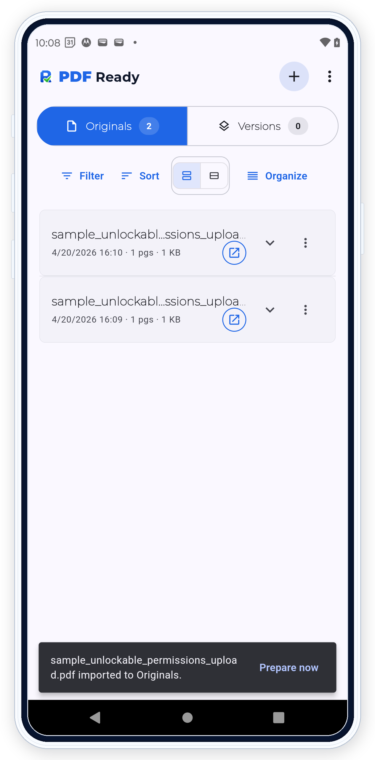 PDF Ready mostrando la confirmación de importación a Originales después de recibir un PDF desde otra app