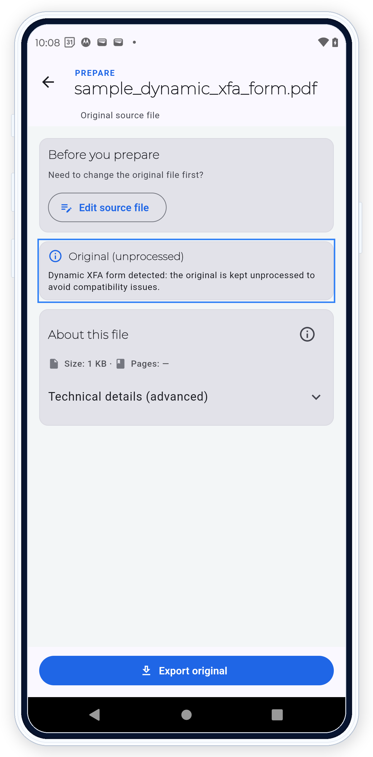 PDF Ready safe-mode screen for a dynamic XFA file that should remain untouched