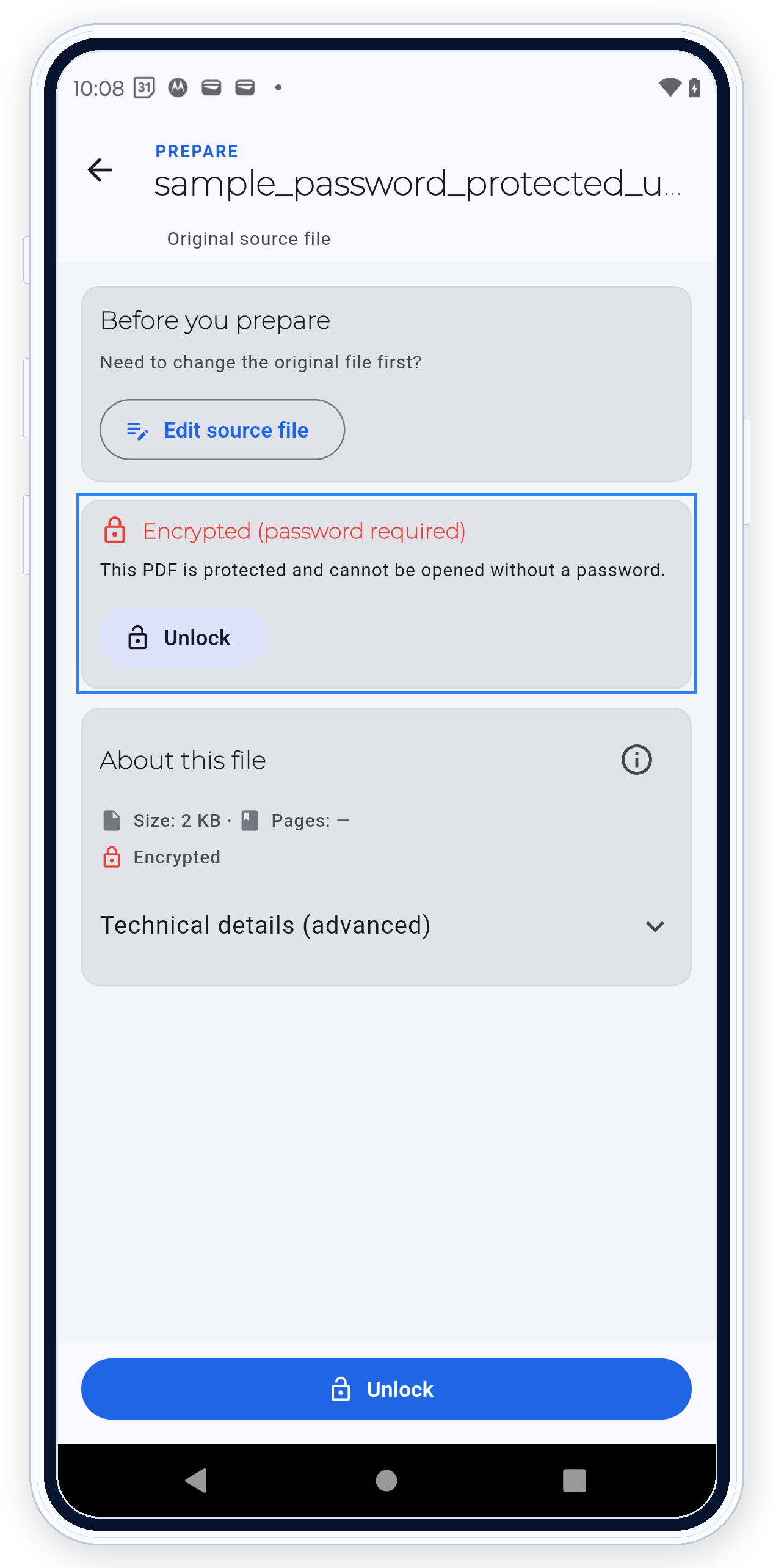 PDF Ready safe mode warning for password protected PDFs