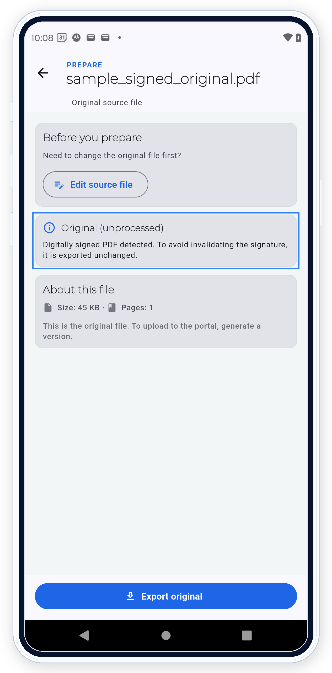 PDF Ready warning for signed or validated PDFs