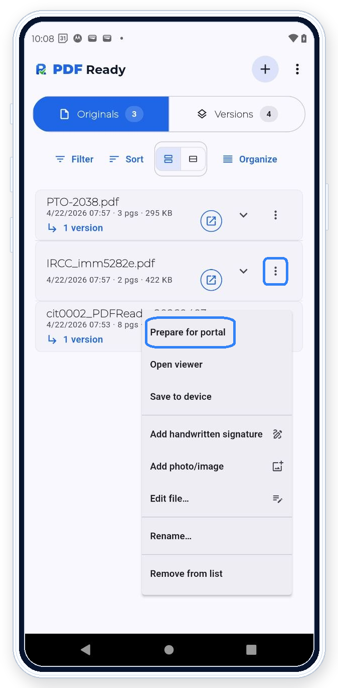Pantalla completa de Originales en PDF Ready con el menú de la fila del archivo abierto y Preparar para portal destacado