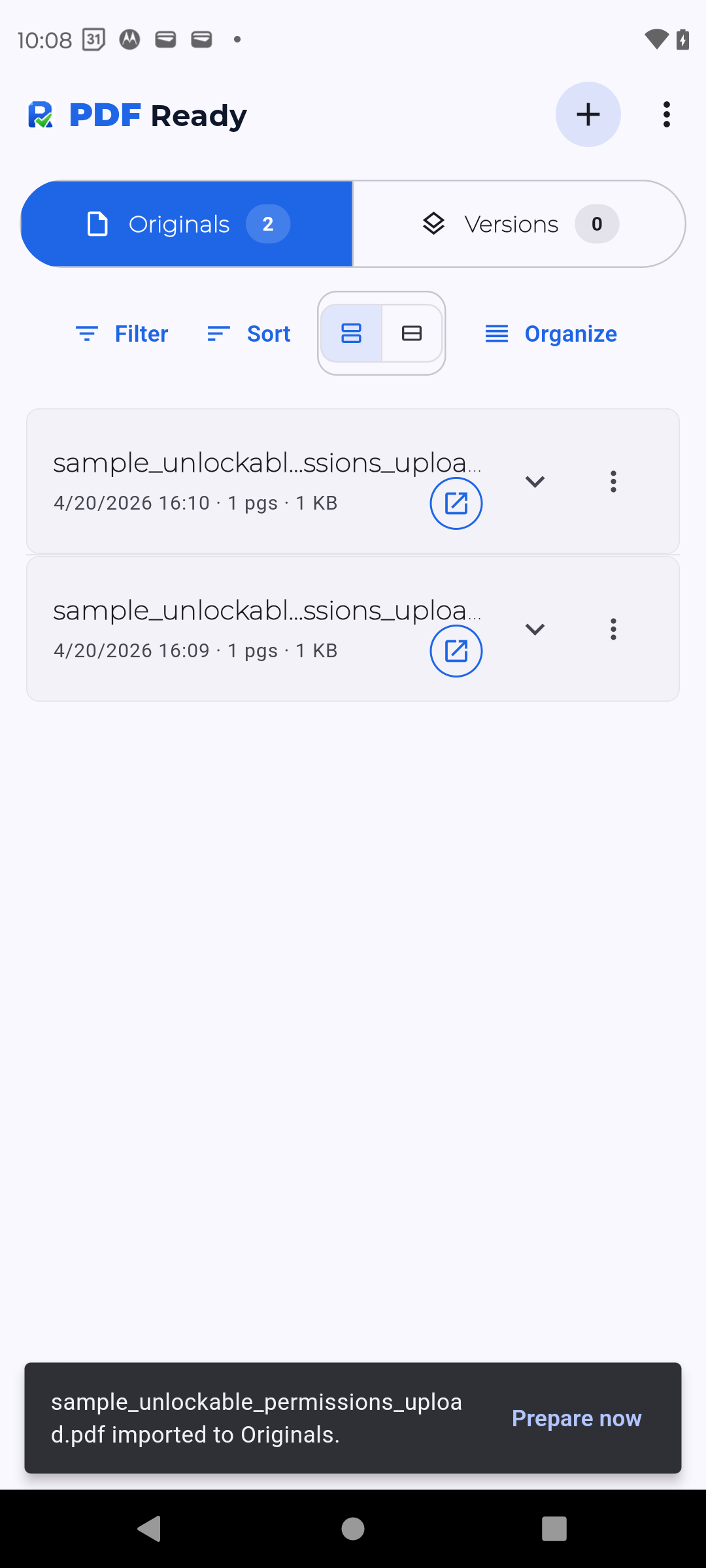 PDF Ready showing the Imported to Originals confirmation after a PDF arrives from another app