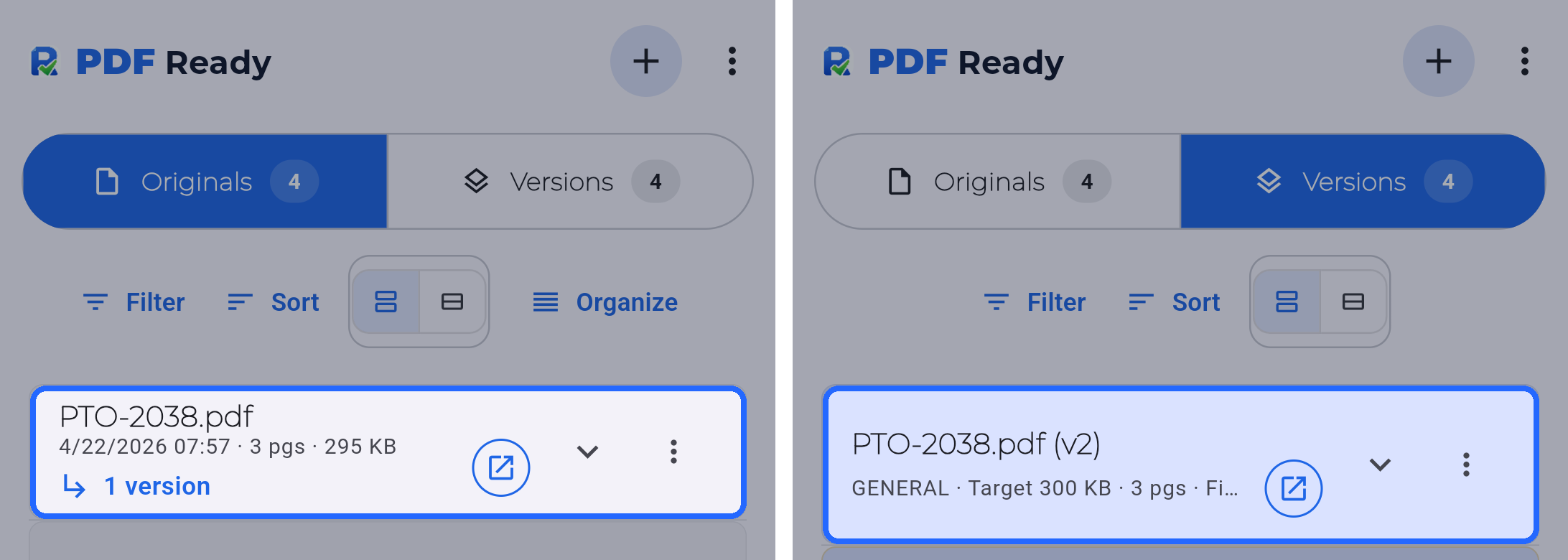 Comparativa de PDF Ready mostrando Originales a la izquierda para los archivos de partida y Versiones a la derecha para los resultados generados