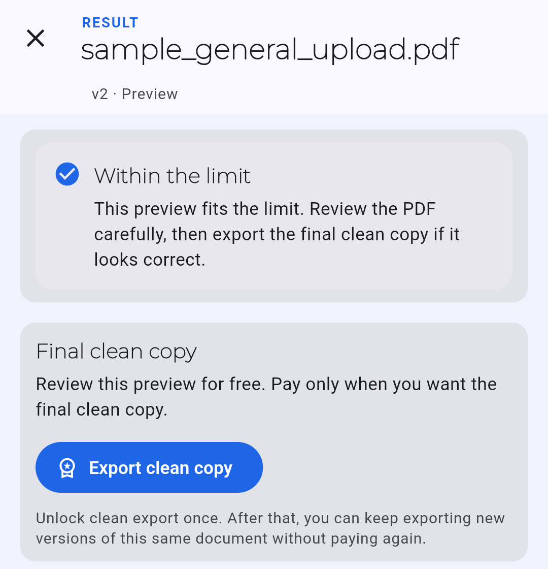 PDF Ready preview screen showing a prepared result within the limit before final clean export