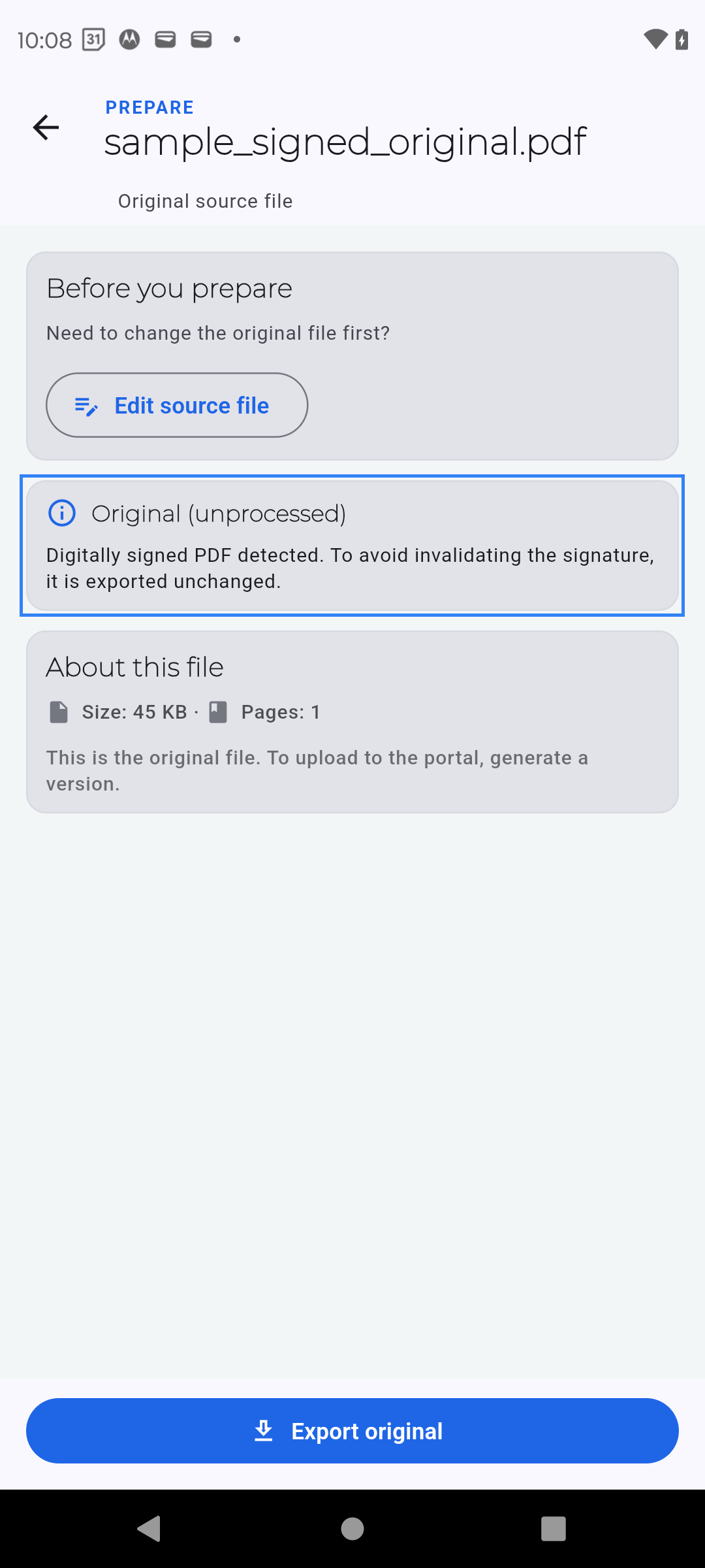 PDF Ready SAFE-MODE screen for a signed PDF that should keep the original path