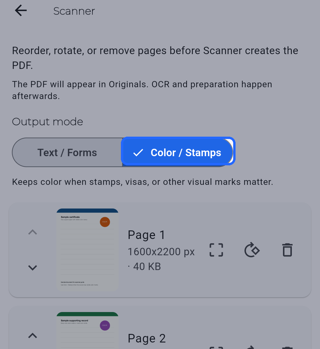 Pantalla de revisión del escáner con el modo activo Color / Sellos resaltado
