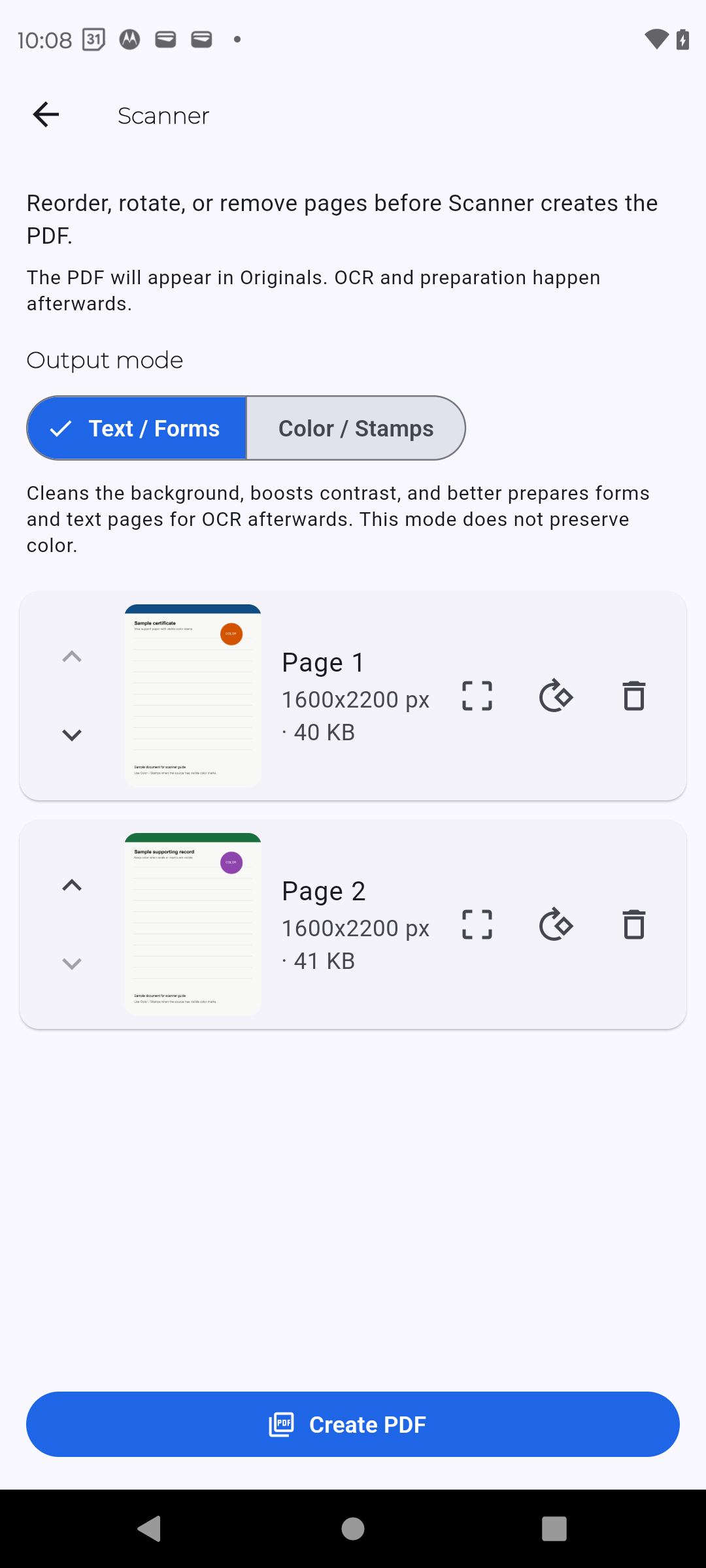 Pantalla de revision del escaner con miniaturas de pagina antes de crear el PDF