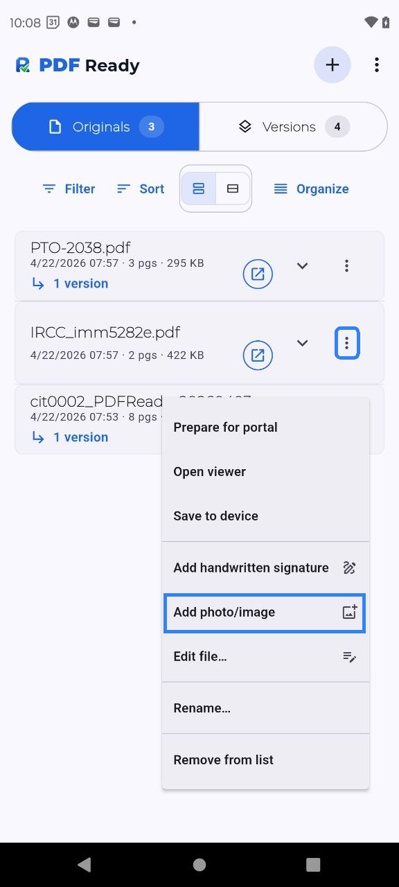 Full PDF Ready Originals screen with the current file row menu open and Add photo/image highlighted