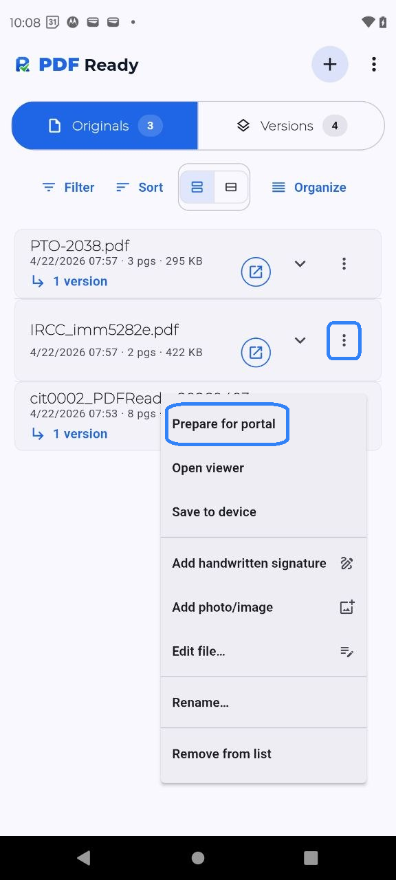 Full PDF Ready Originals screen with the current file row menu open and Prepare for portal highlighted