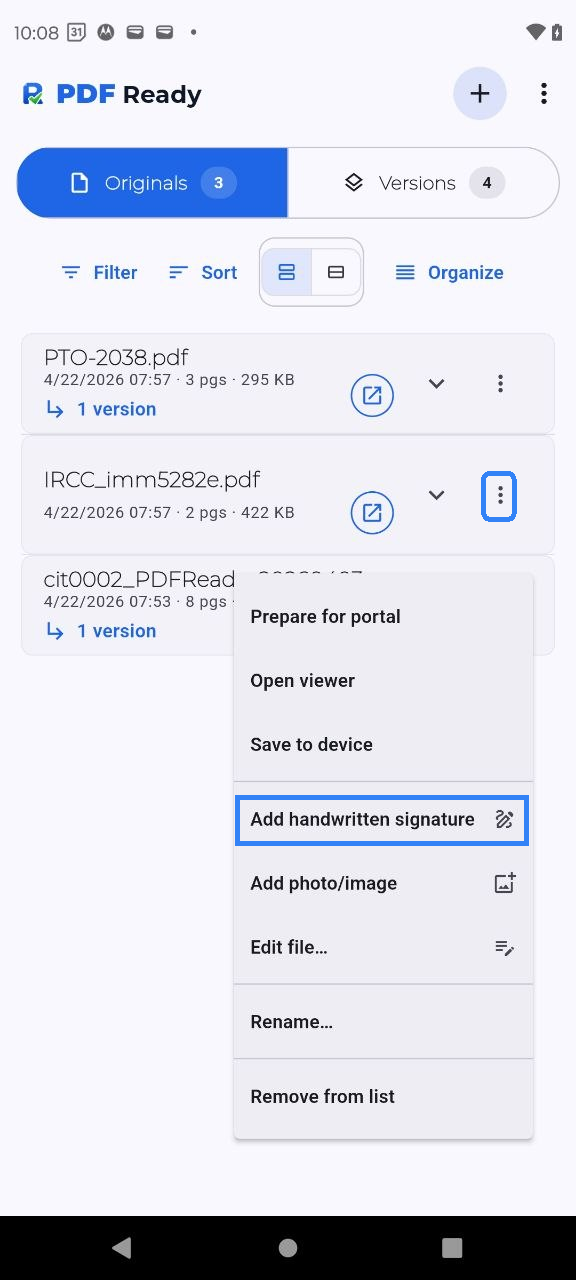 Full PDF Ready Originals screen with the current file row menu open and Add handwritten signature highlighted