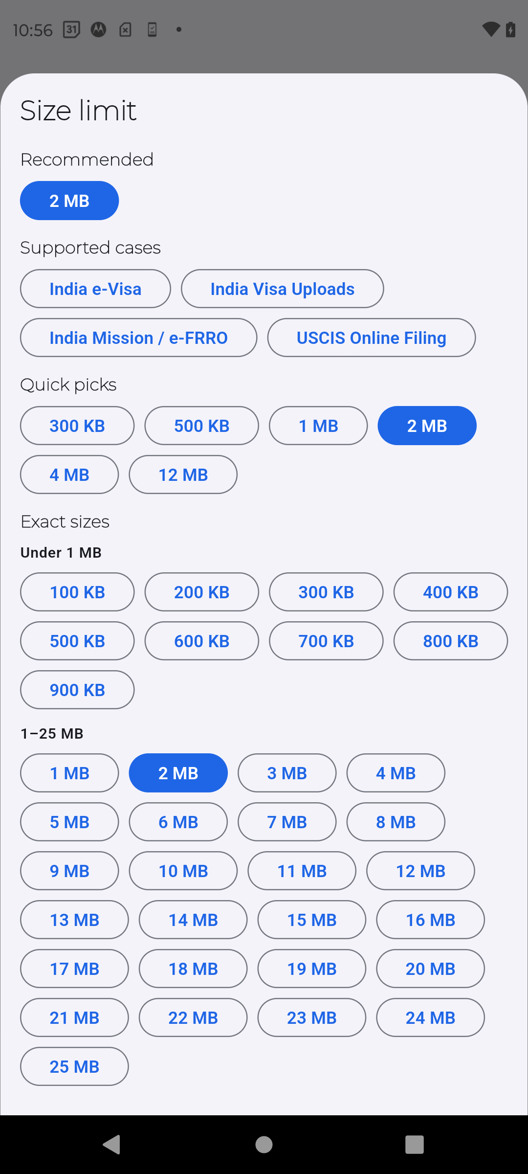 PDF Ready size target selector with recommended cases and exact sizes