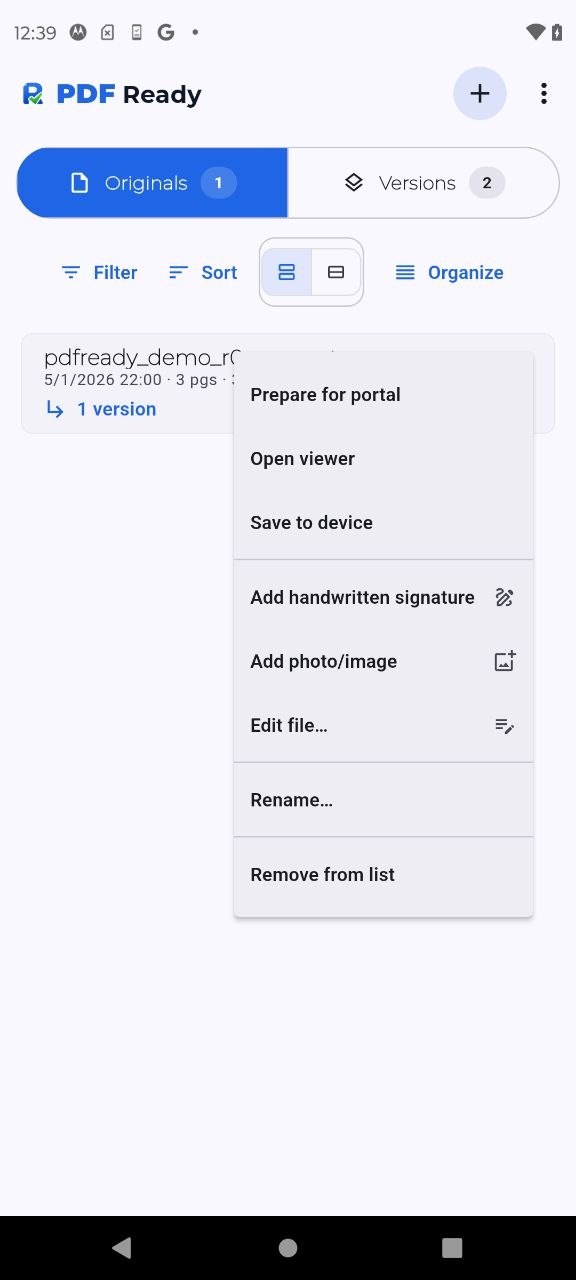 PDF Ready file menu with the Edit file option