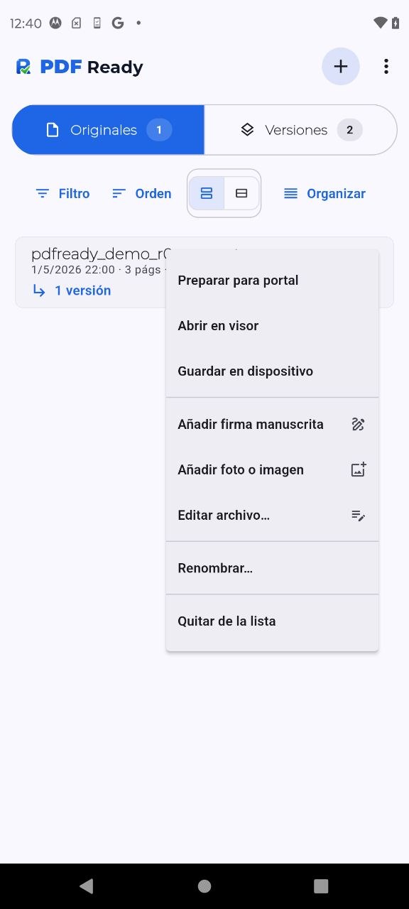 Menú de archivo de PDF Ready con la opción Añadir firma manuscrita
