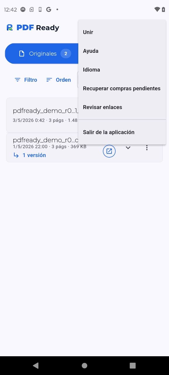 Pantalla de PDF Ready con dos archivos demo y el menú superior abierto mostrando la opción Unir