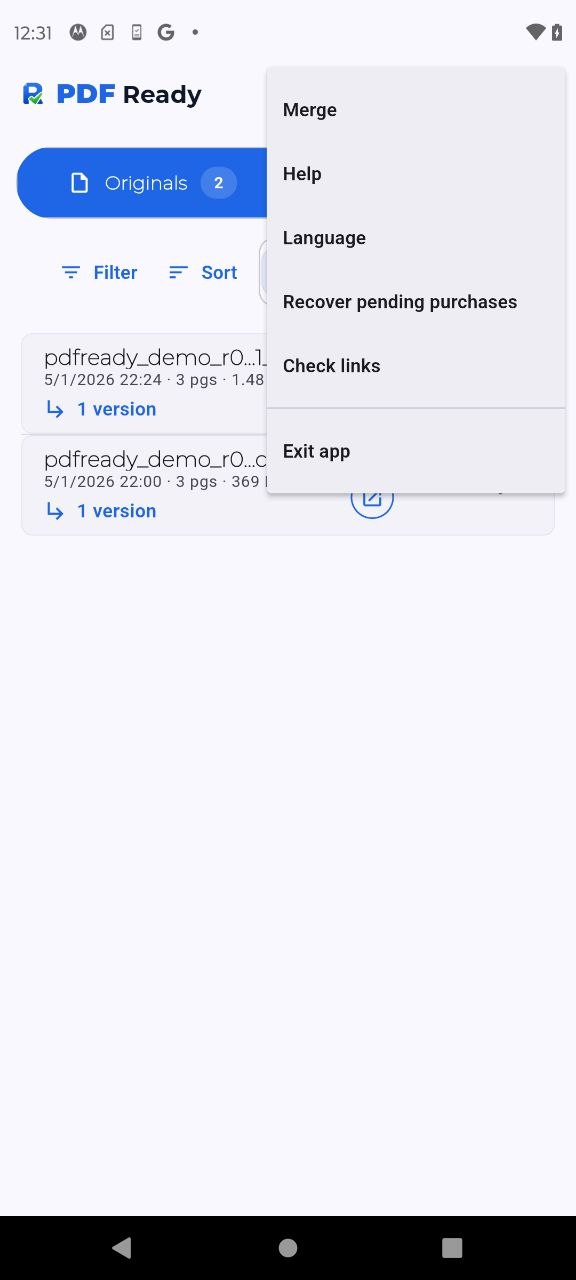PDF Ready screen with two demo files and the top menu open showing the Merge option