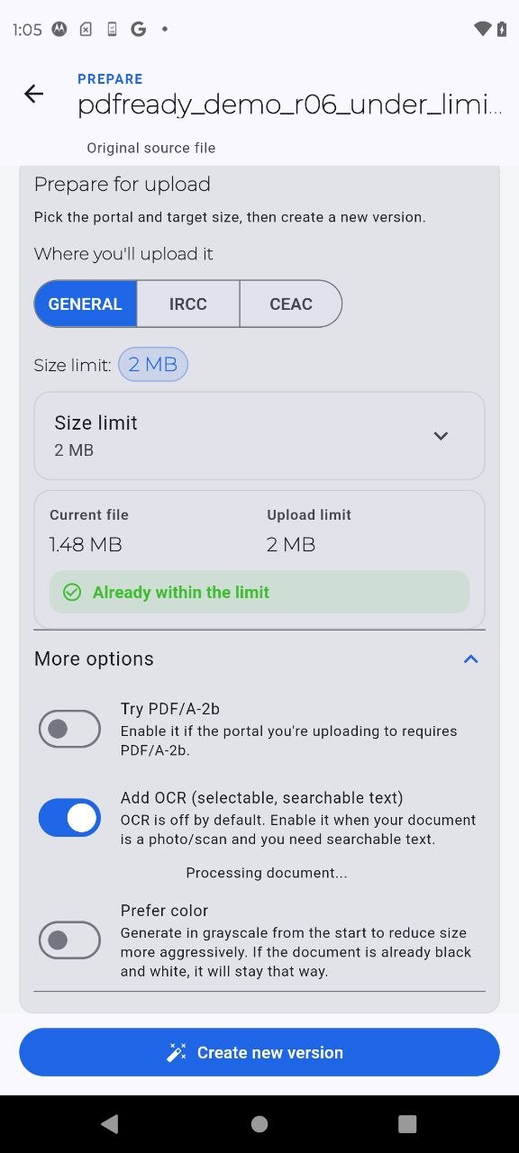 PDF Ready Prepare screen with More options expanded and Add OCR turned on