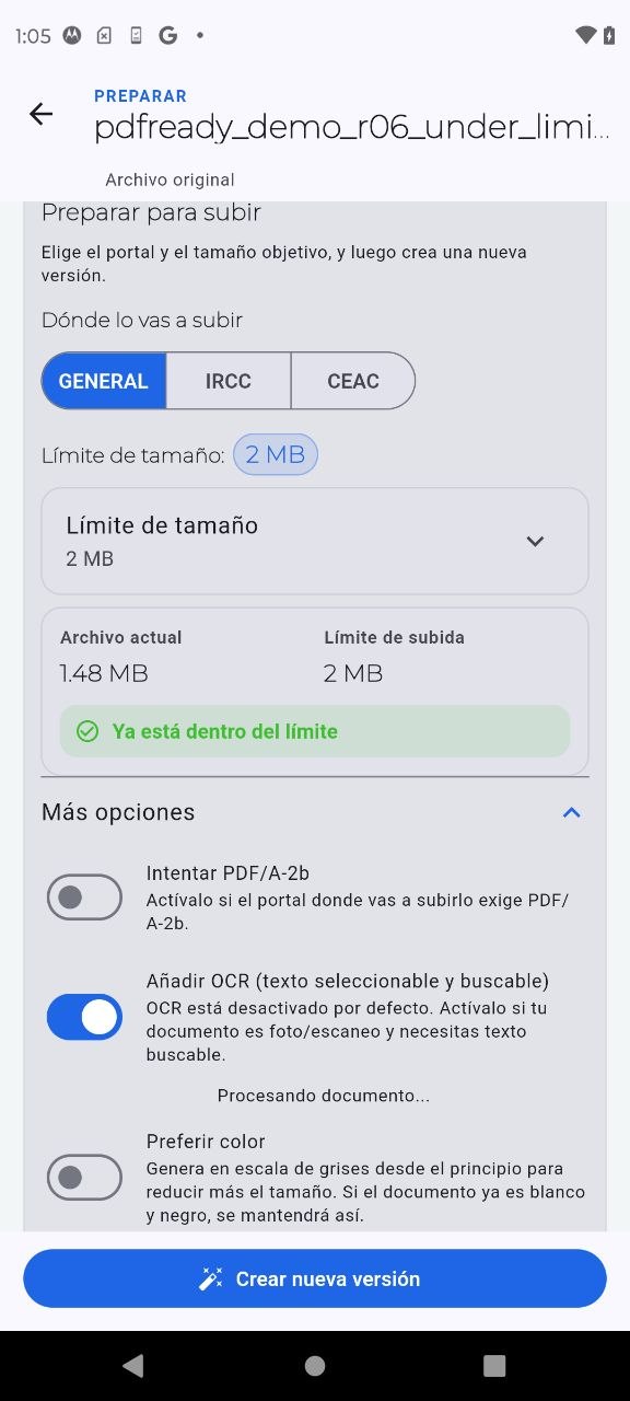 Pantalla Preparar de PDF Ready con Más opciones desplegado y Añadir OCR activado