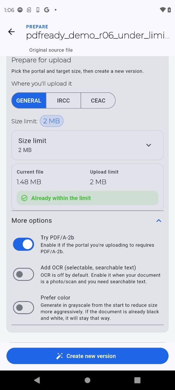 PDF Ready Prepare screen with More options expanded and Try PDF/A-2b turned on