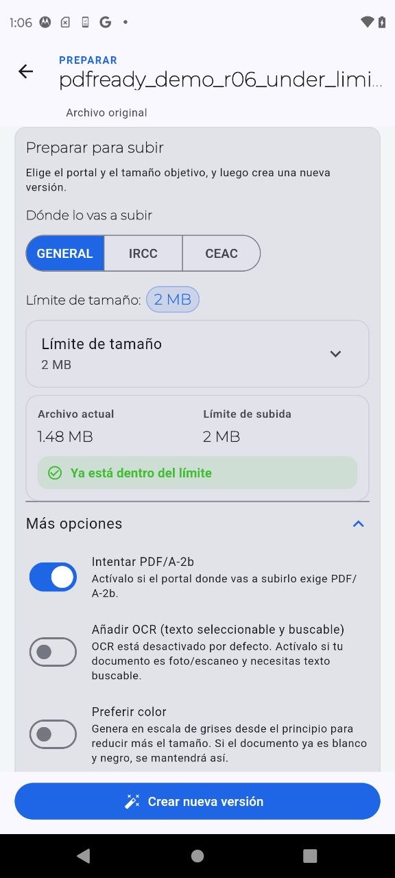 Pantalla Preparar de PDF Ready con Más opciones desplegado e Intentar PDF/A-2b activado