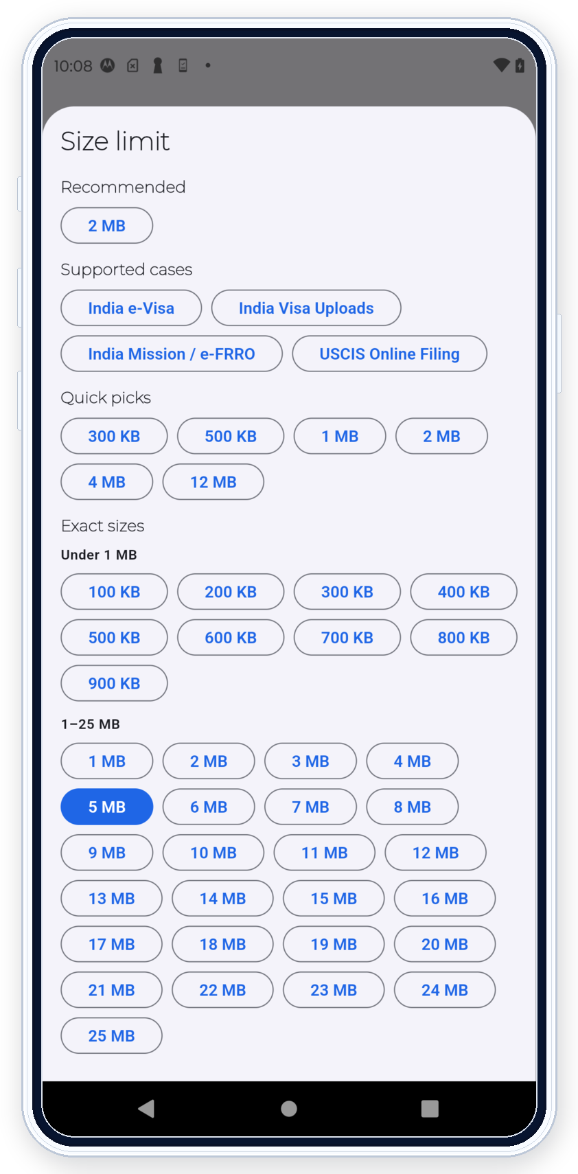 PDF Ready exact-size selector showing quick picks and the full Exact sizes list without cropped labels
