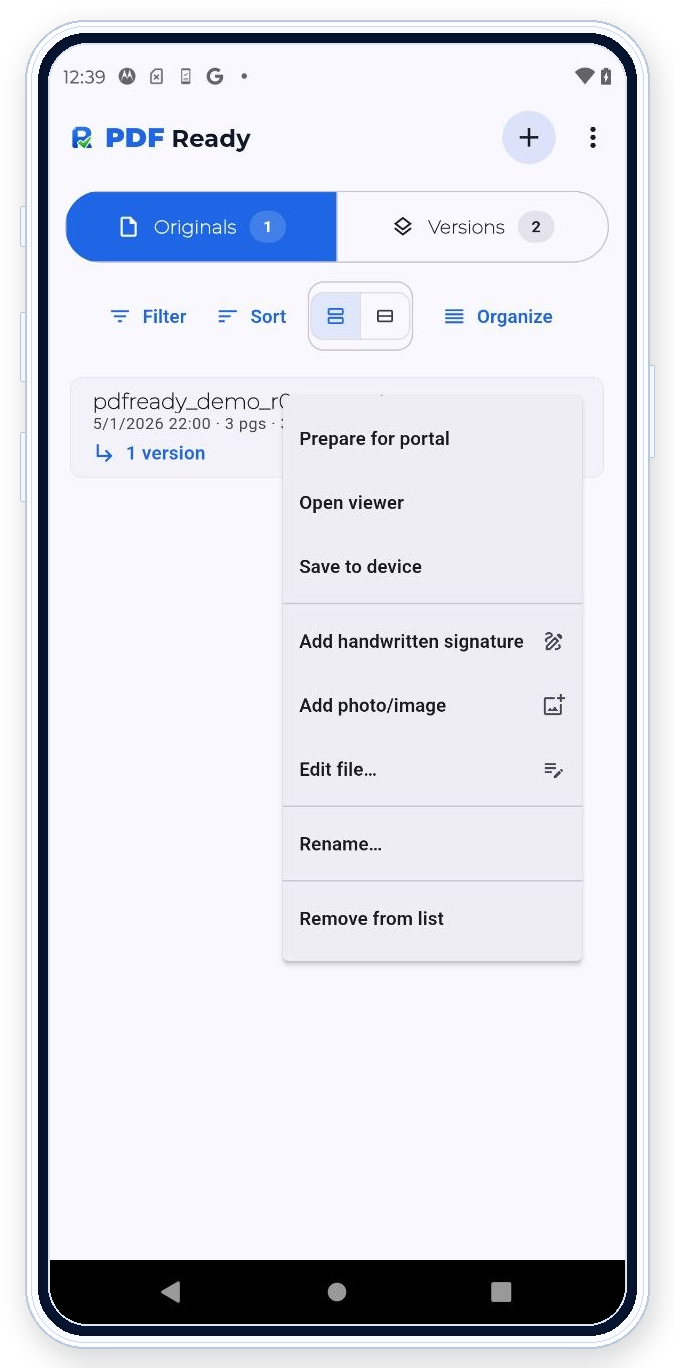 PDF Ready file actions menu for adding photos or images