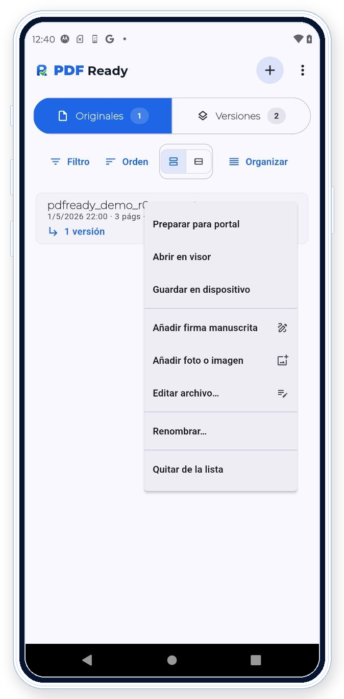 Menú de archivo de PDF Ready con la opción Añadir firma manuscrita