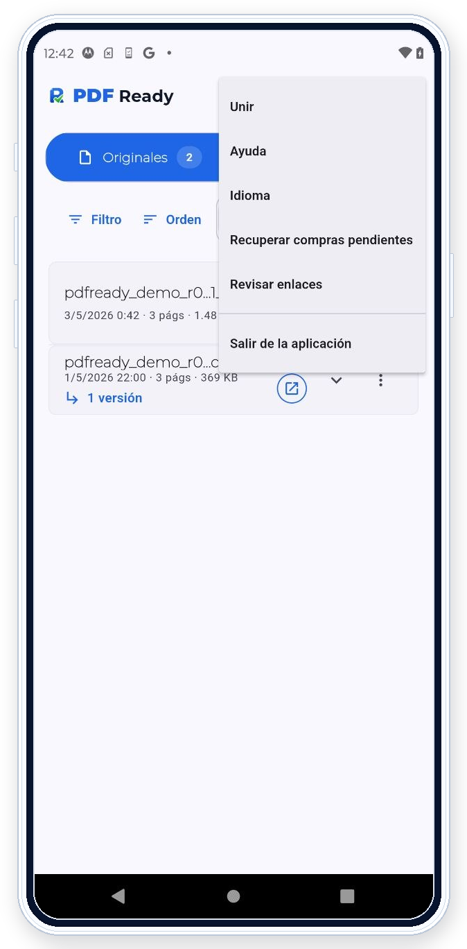 Pantalla de PDF Ready con dos archivos demo y el menú superior abierto mostrando la opción Unir