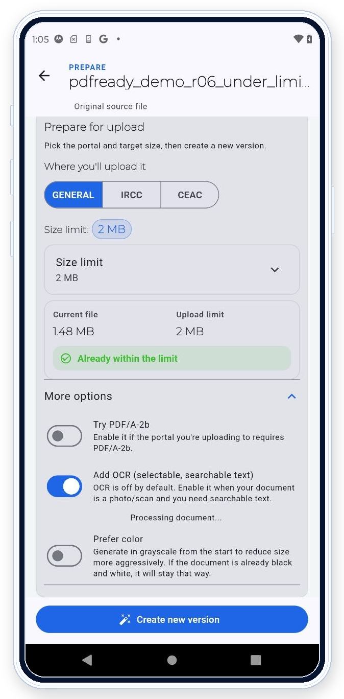 PDF Ready Prepare screen with More options expanded and Add OCR turned on