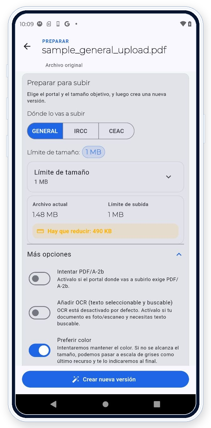 Pantalla Preparar de PDF Ready en Android con tamaño objetivo y opciones de preparación