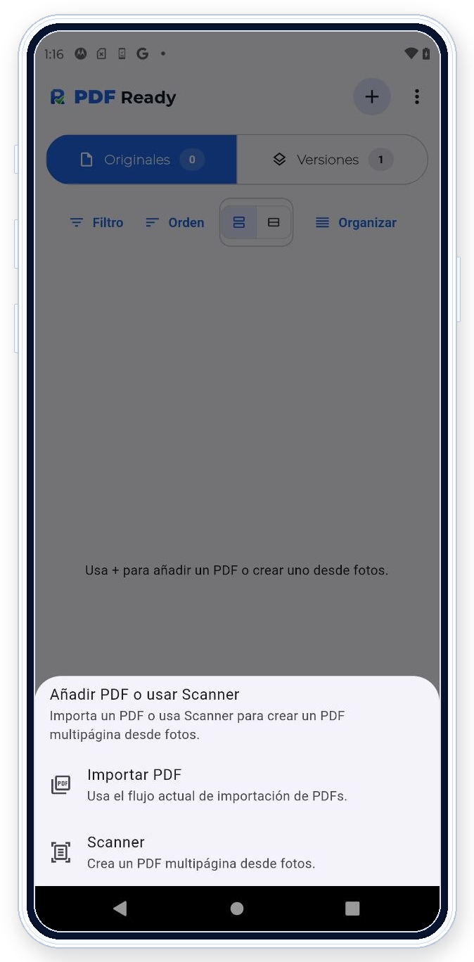 Menú de PDF Ready en Android para importar un PDF o crear uno desde fotos