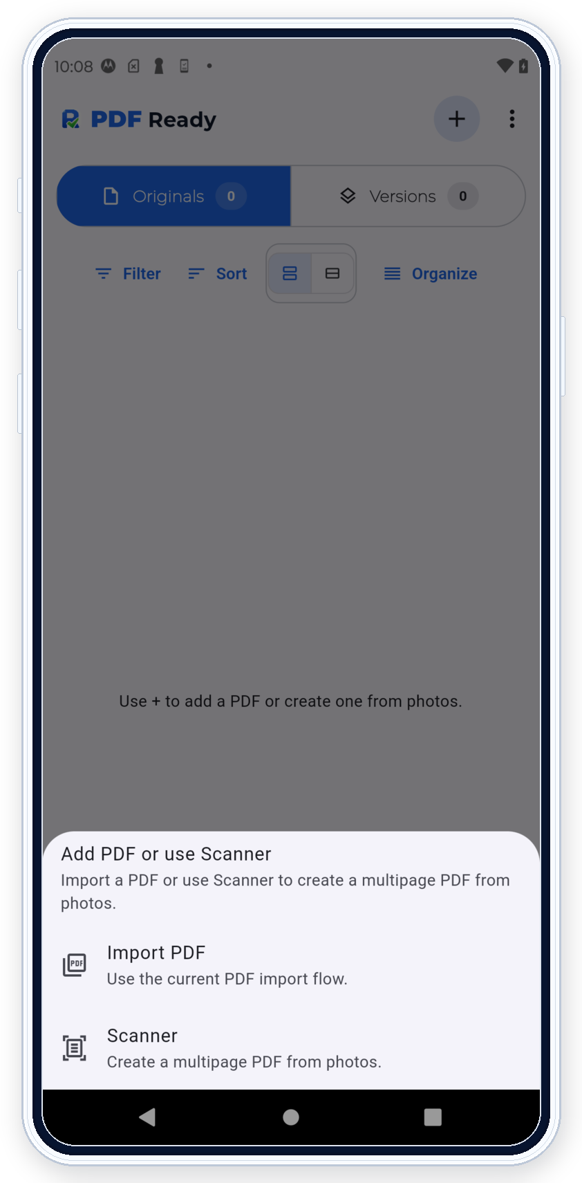 PDF Ready start menu for importing a PDF or creating one from photos