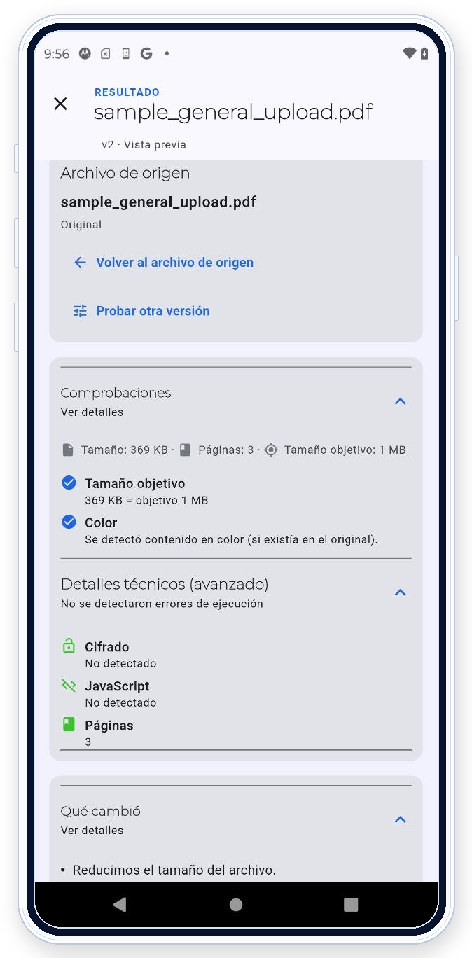 Pantalla de detalle de versión de PDF Ready en Android con comprobaciones aplicadas, estado de exportación y detalles técnicos