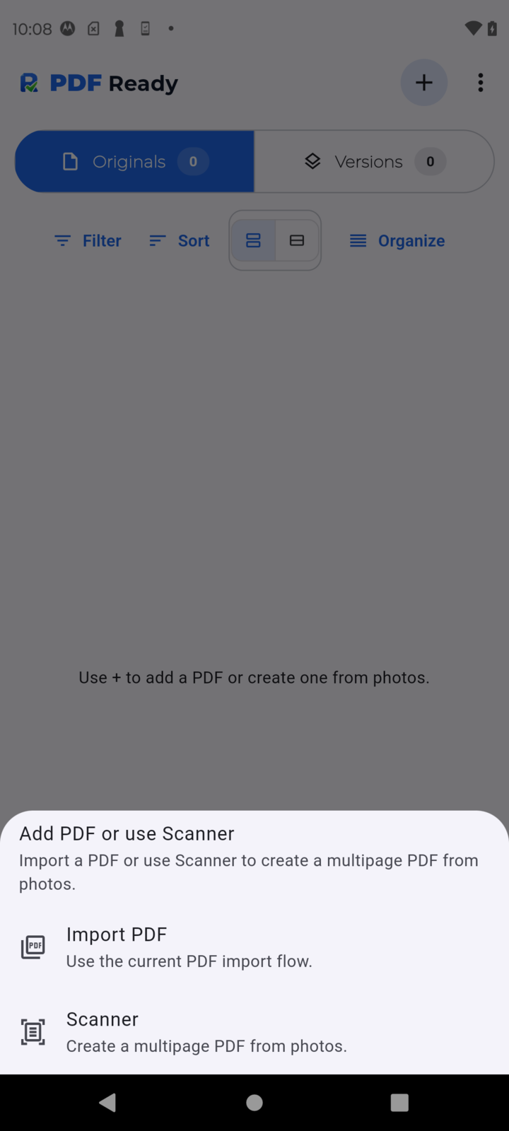 PDF Ready import menu on Android with options to import a PDF or start from the scanner