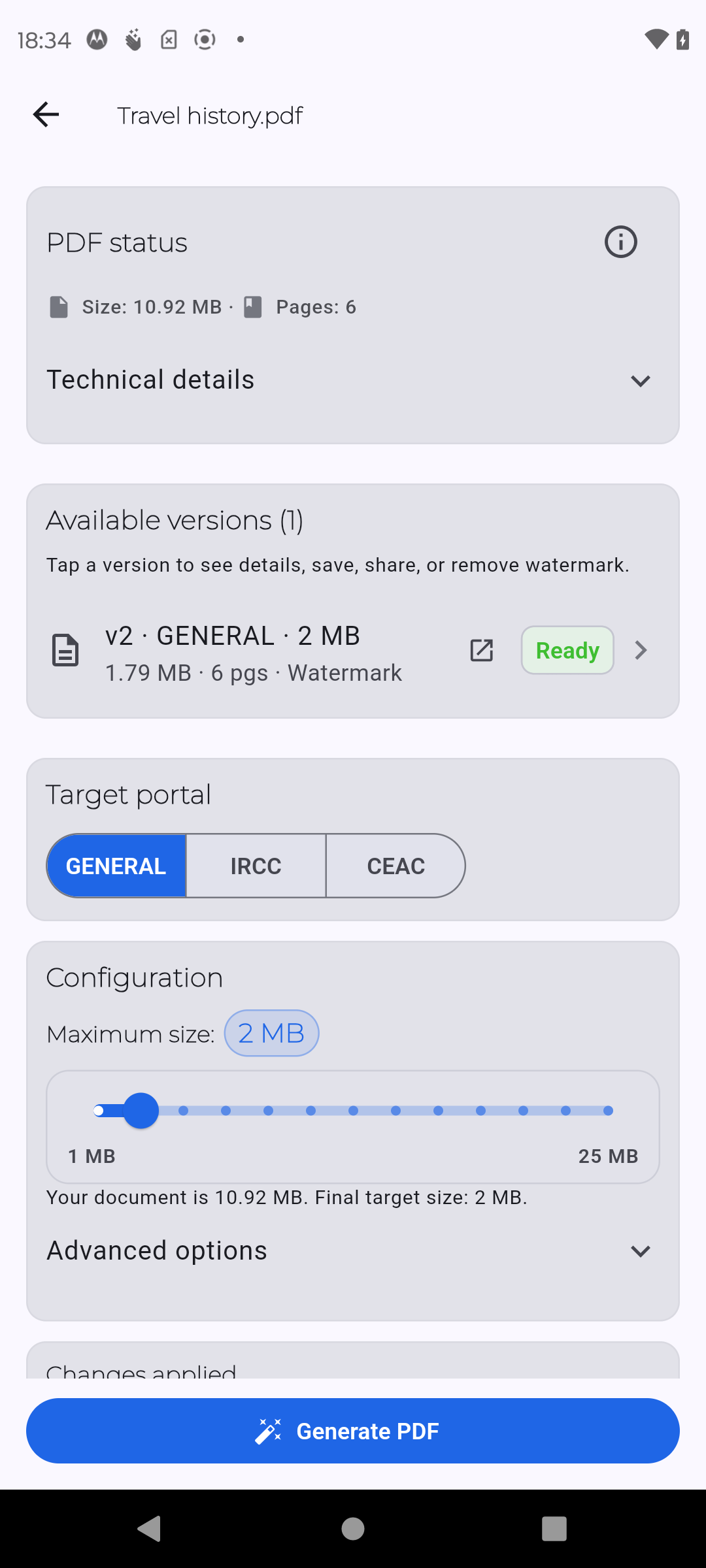 PDF Ready prepare screen showing a generated upload-ready result on Android