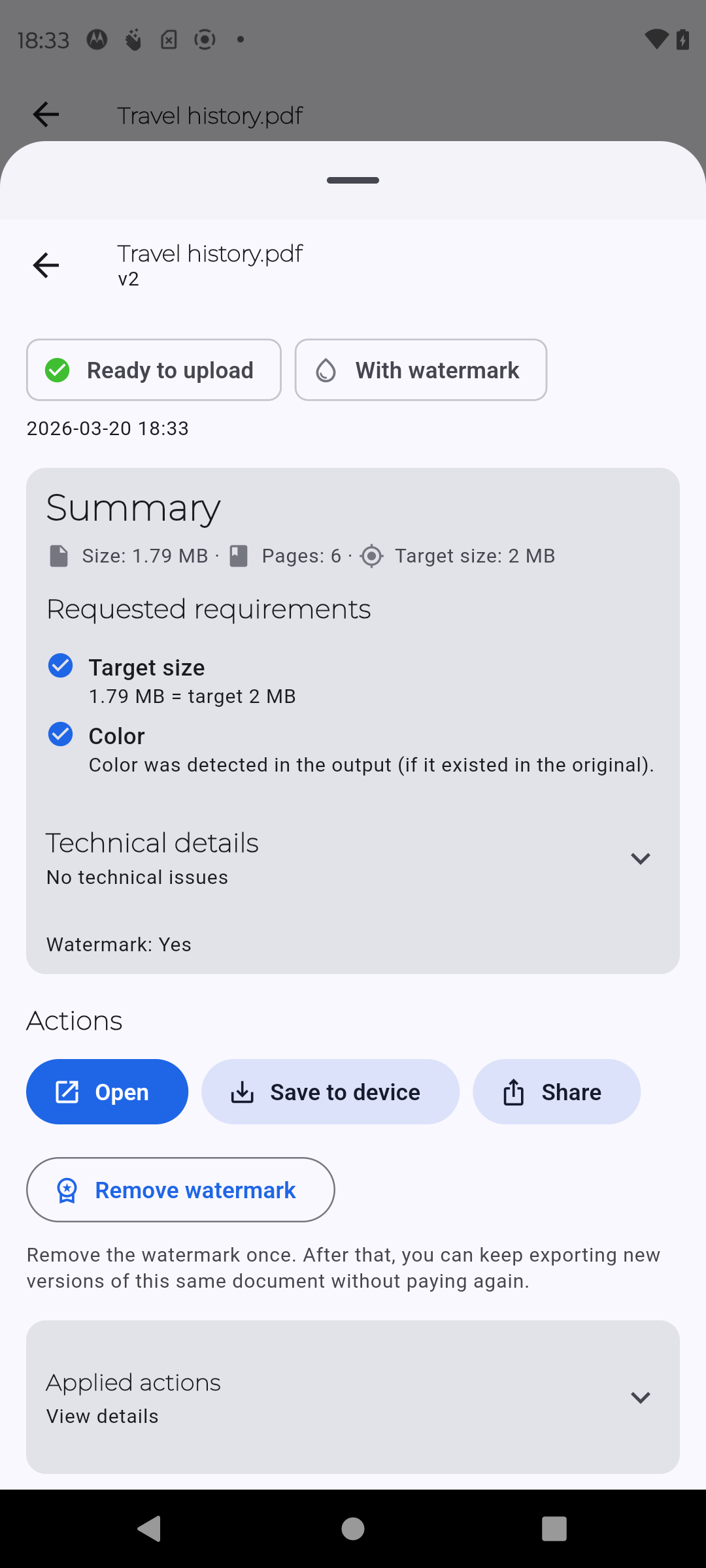 PDF Ready version detail screen on Android
