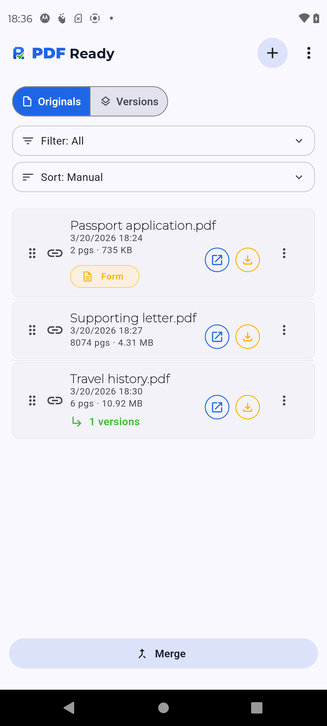 PDF Ready workspace showing original documents on Android