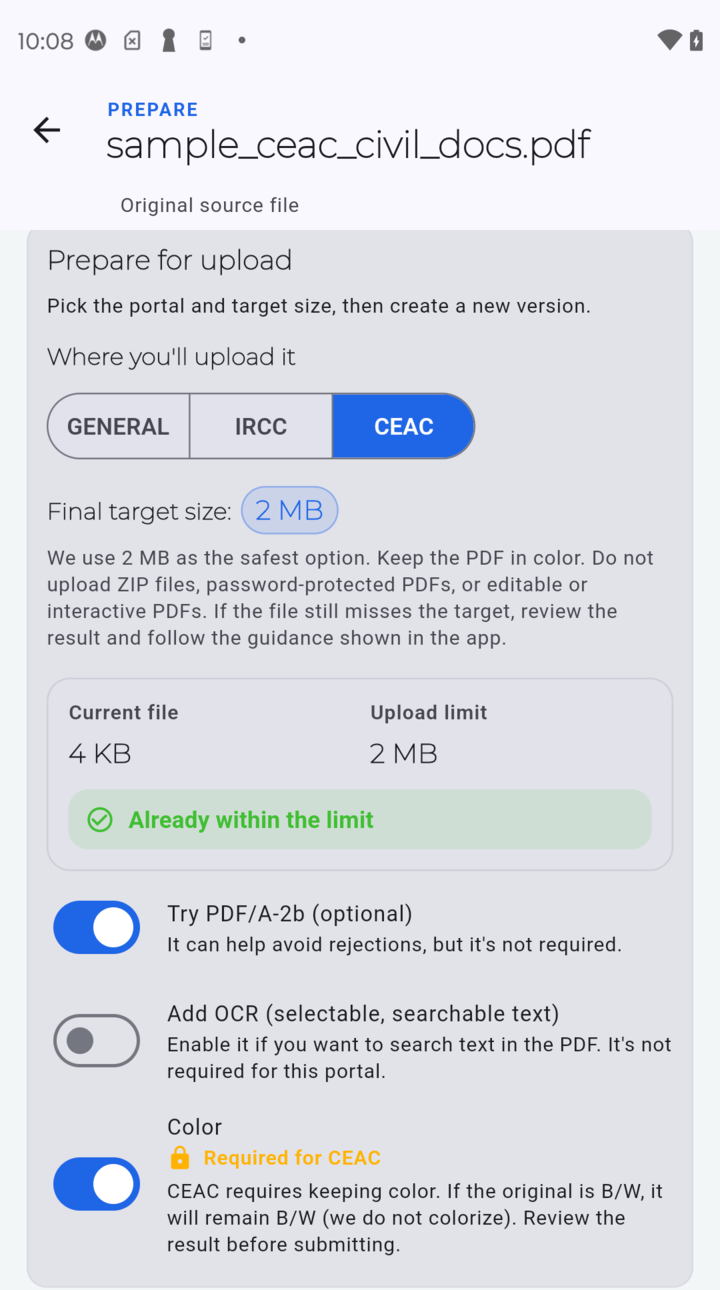 PDF Ready CEAC screen showing the conservative 2 MB target and compatibility-related options without cropped labels near the final action