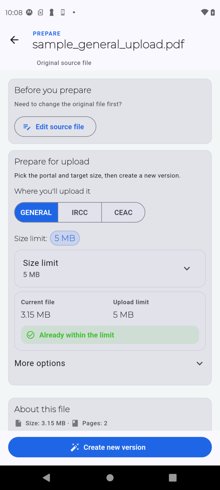 PDF Ready Prepare screen showing GENERAL, IRCC, and CEAC before creating a new version