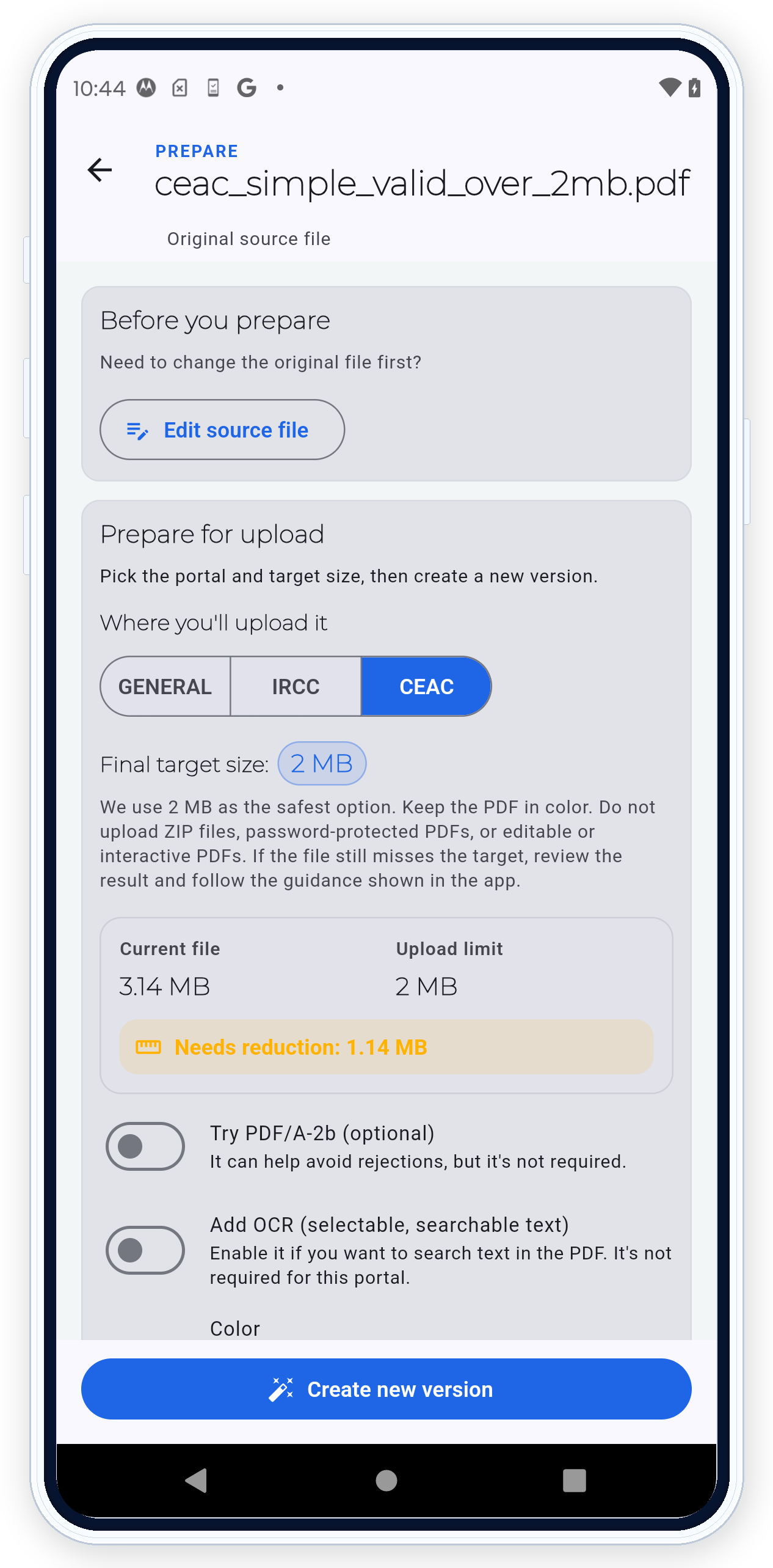 PDF Ready CEAC screen showing a PDF over 2 MB, the 2 MB target, and reduction guidance