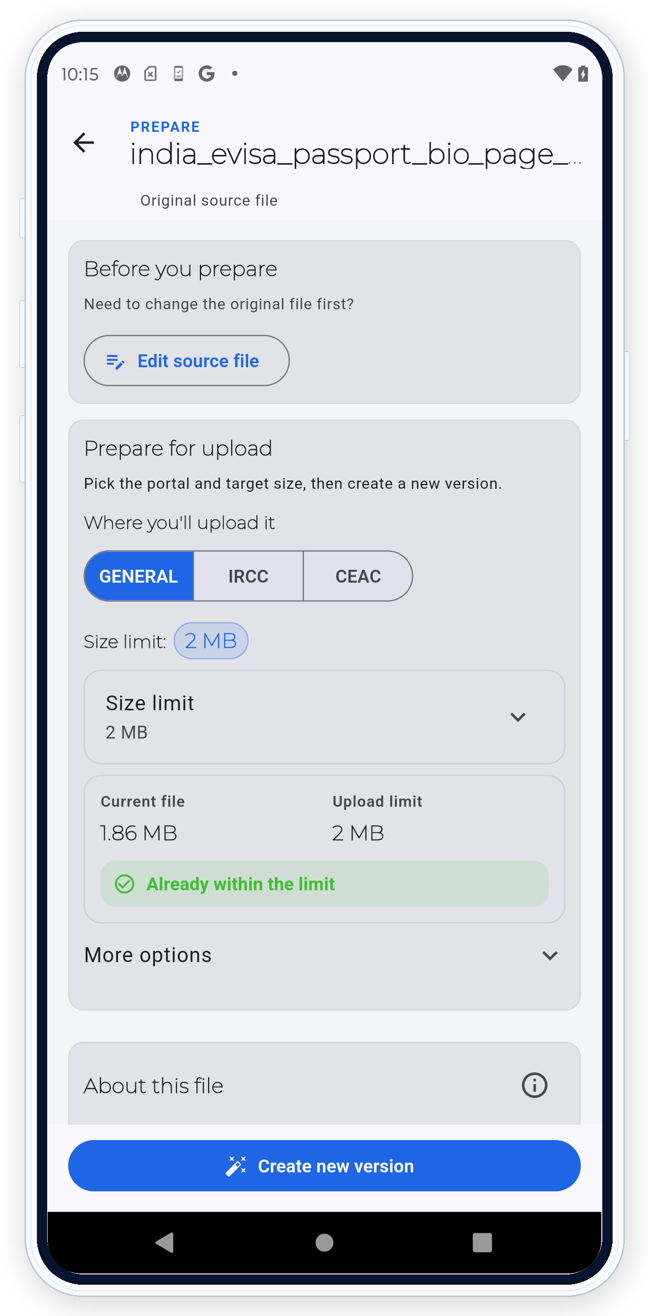 PDF Ready Prepare screen with GENERAL and 2 MB selected