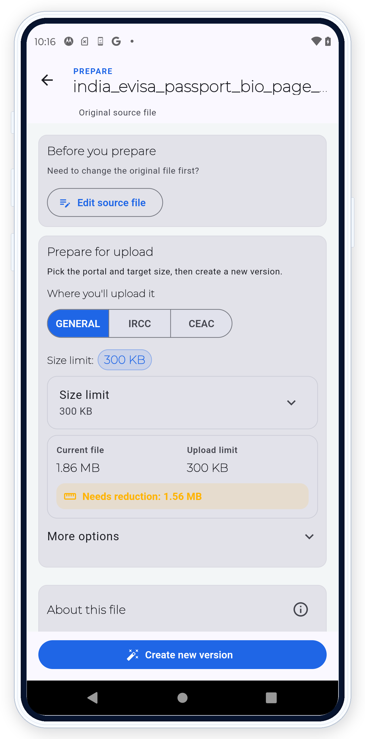 PDF Ready Prepare screen with GENERAL and 300 KB selected