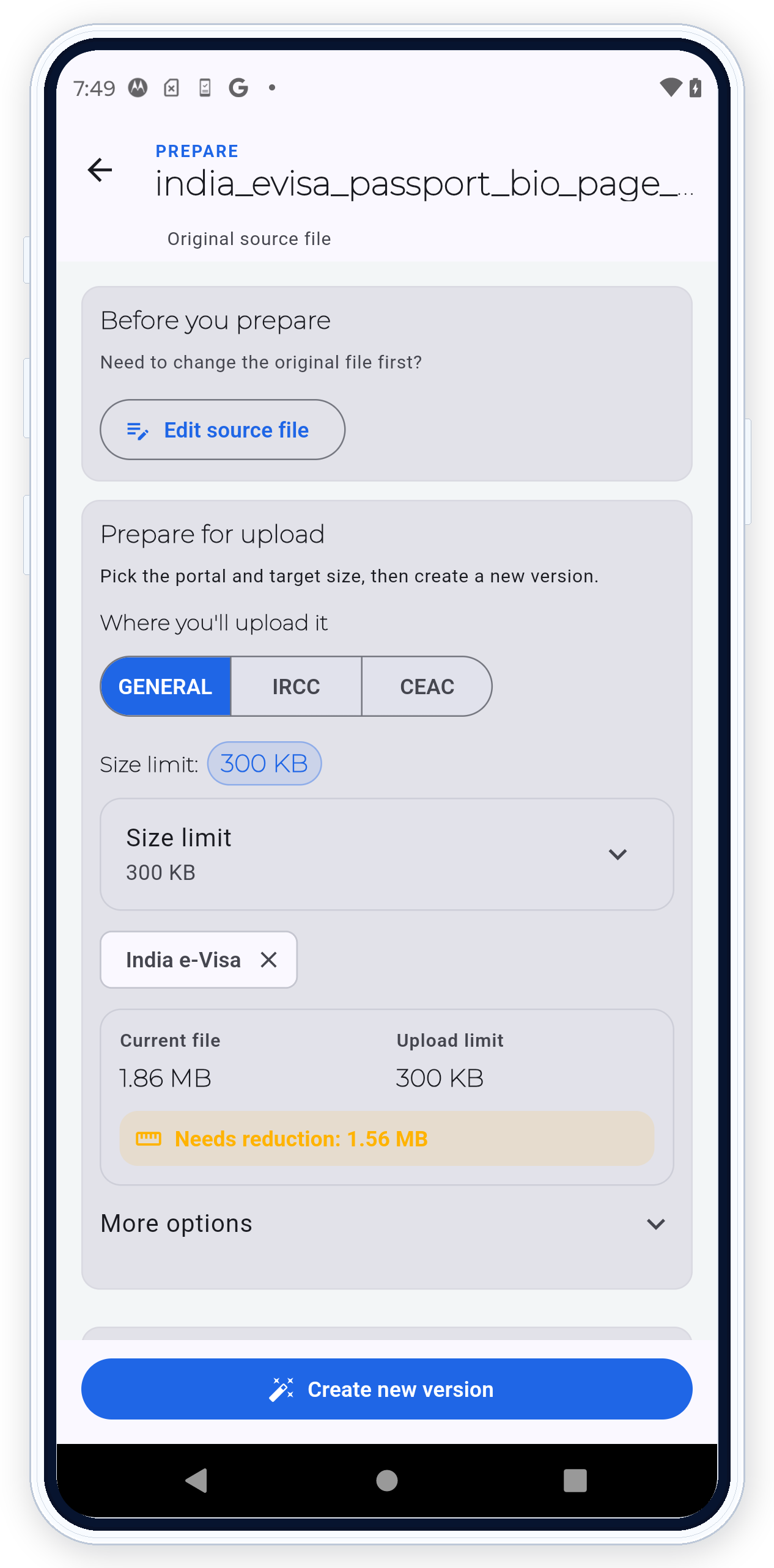 PDF Ready Prepare screen for an India e-Visa passport PDF with 300 KB selected